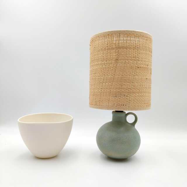 Handmade Stoneware Table Lamp Green Patina Ceramic With Raffia Shade - image 1