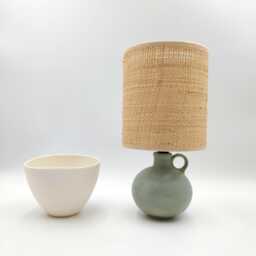Handmade Stoneware Table Lamp Green Patina Ceramic With Raffia Shade