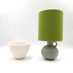 Handmade Stoneware Table Lamp Green Patina Ceramic With Raffia Shade - thumbnail 2