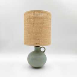Handmade Stoneware Table Lamp Green Patina Ceramic With Raffia Shade - thumbnail 3