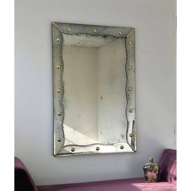 Handmade Antiqued Beveled Wall Mirror Large Frameless Brass Detail - image 1