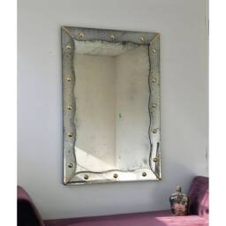 Handmade Antiqued Beveled Wall Mirror Large Frameless Brass Detail - thumbnail 1