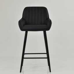Black Faux Leather Bar Stool With Backrest - Breakfast & Kitchen Stool, Industrial Vintage Base