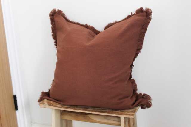 Brown Cotton Fringe Cushion Terracotta Linen Pillow With Feather Insert - 45x45cm - image 1