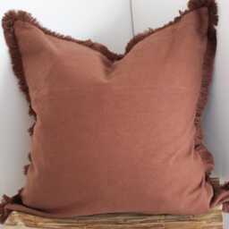 Brown Cotton Fringe Cushion Terracotta Linen Pillow With Feather Insert - 45x45cm - thumbnail 2