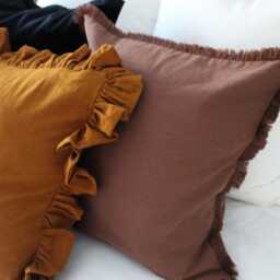 Brown Cotton Fringe Cushion Terracotta Linen Pillow With Feather Insert - 45x45cm - thumbnail 4