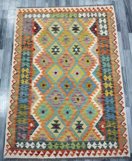 Kilim Rug Classic, Handmade Artisan Afghan Turkish, Scandinavian, Navajo, Bohemian Flatweave, Natural Wool 203x146 cm - image 1