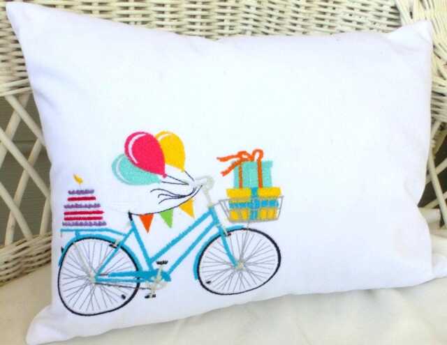 Birthday Bike Pillow Cover, Embroidered Bicycle Pillow - image 1
