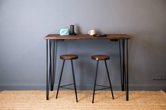 Rustic Wood Breakfast Bar With Hairpin Legs & Stools. High Table For Standing Height Or Bar Stools. Dining Stools Set - image 1