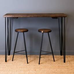 Rustic Wood Breakfast Bar With Hairpin Legs & Stools. High Table For Standing Height Or Bar Stools. Dining Stools Set - thumbnail 3