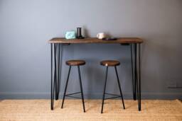 Rustic Wood Breakfast Bar With Hairpin Legs & Stools. High Table For Standing Height Or Bar Stools. Dining Stools Set
