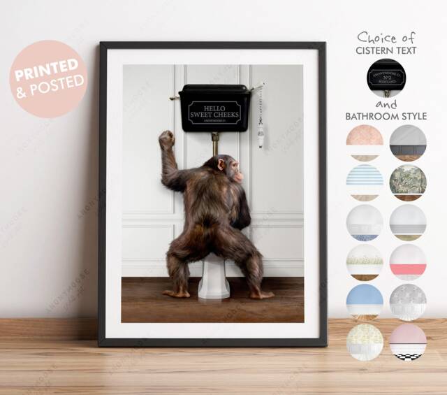 Chimpanzee Using The Toilet, Chimp On Victorian Funny Bathroom Print, Animal Peeing, Whimsy Monkey Print - image 1