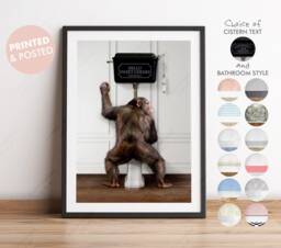 Chimpanzee Using The Toilet, Chimp On Victorian Funny Bathroom Print, Animal Peeing, Whimsy Monkey Print - thumbnail 1