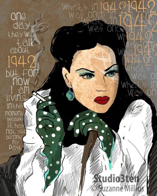 1942, 1940S, Live in The Moment, Fashion Print, Dark Haired Woman, 1940S Fashion, Pin Up Art, Old Hollywood, Vintage Inspirational Art - image 1