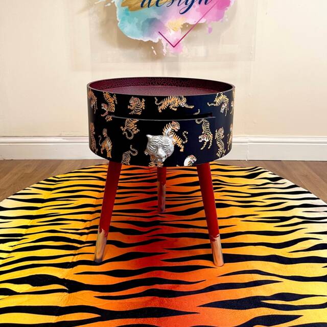 Round Bedside Table , Black & Red Nightstand With Tiger Design, Eclectic Fun Bright Home Decor. Side Storage Drawer - image 1