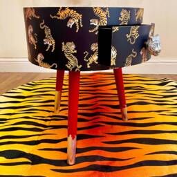 Round Bedside Table , Black & Red Nightstand With Tiger Design, Eclectic Fun Bright Home Decor. Side Storage Drawer - thumbnail 3