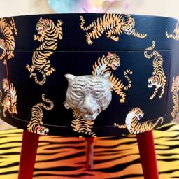 Round Bedside Table , Black & Red Nightstand With Tiger Design, Eclectic Fun Bright Home Decor. Side Storage Drawer - thumbnail 2