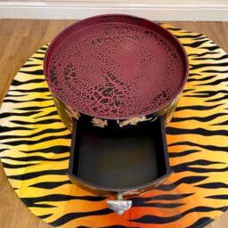 Round Bedside Table , Black & Red Nightstand With Tiger Design, Eclectic Fun Bright Home Decor. Side Storage Drawer - thumbnail 4