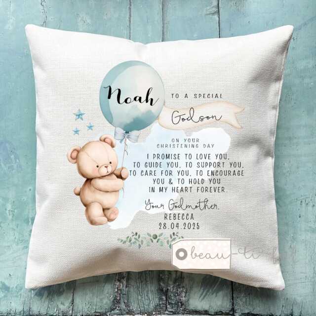 Personalised Christening Baptism Gift Promise To Godchild Godson Goddaughter Teddy Bear Balloon Linen Style Cushion Godparent Godmother - image 1