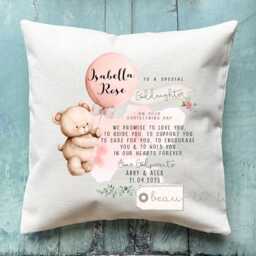 Personalised Christening Baptism Gift Promise To Godchild Godson Goddaughter Teddy Bear Balloon Linen Style Cushion Godparent Godmother - thumbnail 3