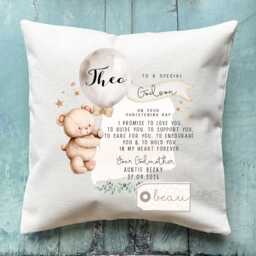 Personalised Christening Baptism Gift Promise To Godchild Godson Goddaughter Teddy Bear Balloon Linen Style Cushion Godparent Godmother - thumbnail 4
