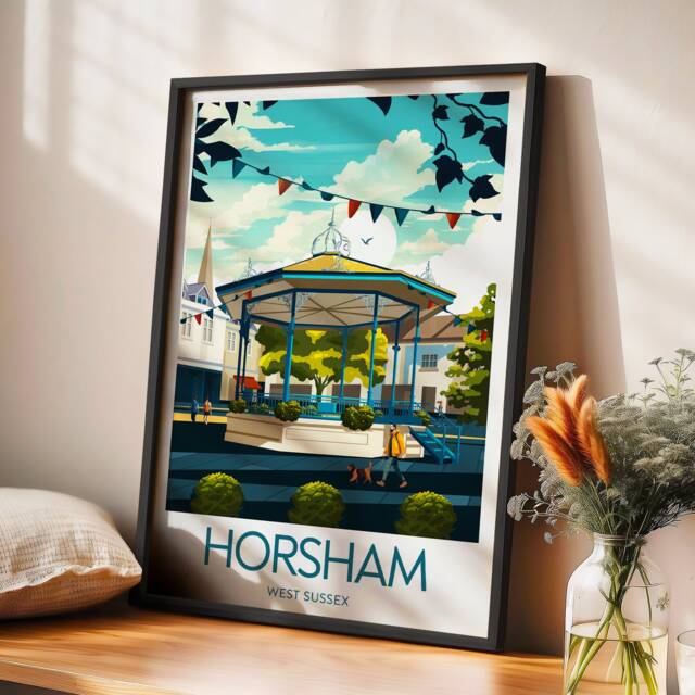 Horsham Travel Print - West Sussex, Poster, Gift, Bandstand, Carfax, Birthday Present, Custom Text