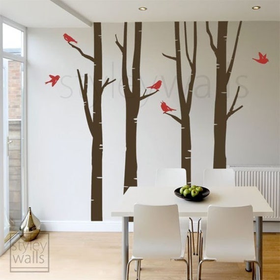 Birch Trees Wall Decal Winter Birds Gift Birds Vinyl Decal, Art Decor, Tree Decals, Nursery Children Decor - image 1