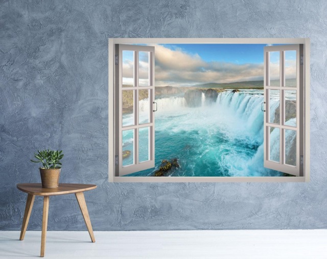 Reykjav??k Iceland Waterfall Window 3D Wall Decal Art Removable Waterfalls Wallpaper Mural Sticker Vinyl Home Decor - image 1