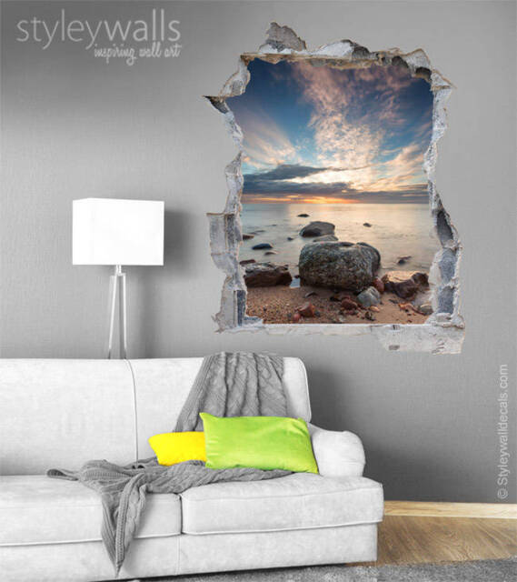 Hole in The Wall 3D Effect Sticker, Sea View Decal, Rocks Decor Mural, Office Living Room - image 1