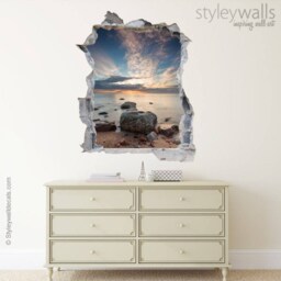 Hole in The Wall 3D Effect Sticker, Sea View Decal, Rocks Decor Mural, Office Living Room - thumbnail 2