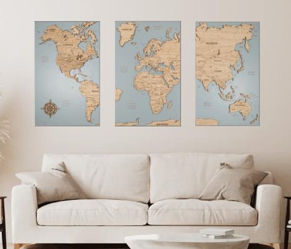 Handmade World Map Cork Push Pin Board Wall Art - Wooden Travel Decor, 3 Panel Feature Art, Wedding Anniversary Gift - image 1