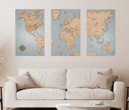 Handmade World Map Cork Push Pin Board Wall Art - Wooden Travel Decor, 3 Panel Feature Art, Wedding Anniversary Gift - thumbnail 1