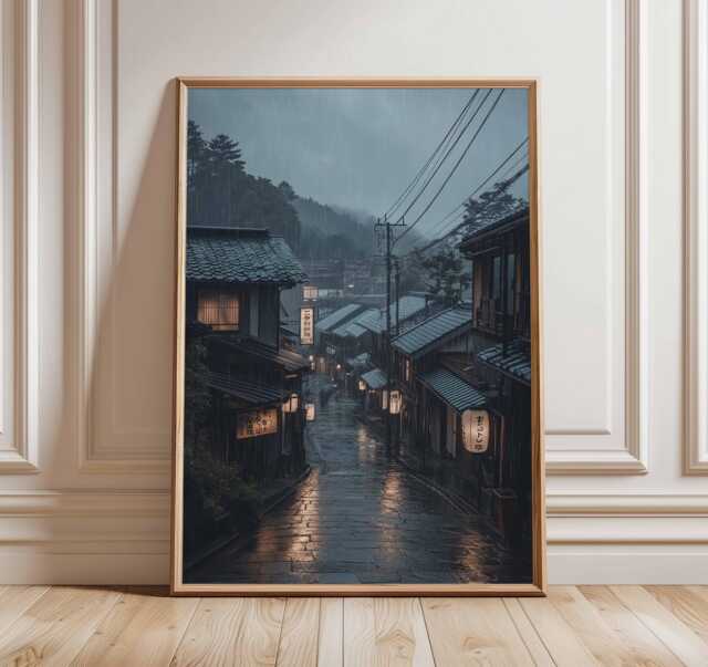 Japanese Rainy Street Poster, Kyoto Night Wall Art Print, Lantern Reflections Japan Travel Artwork, Asian Cityscape Home Decor - image 1