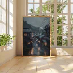Japanese Rainy Street Poster, Kyoto Night Wall Art Print, Lantern Reflections Japan Travel Artwork, Asian Cityscape Home Decor - thumbnail 3