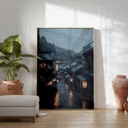 Japanese Rainy Street Poster, Kyoto Night Wall Art Print, Lantern Reflections Japan Travel Artwork, Asian Cityscape Home Decor - thumbnail 2