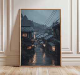 Japanese Rainy Street Poster, Kyoto Night Wall Art Print, Lantern Reflections Japan Travel Artwork, Asian Cityscape Home Decor - thumbnail 1