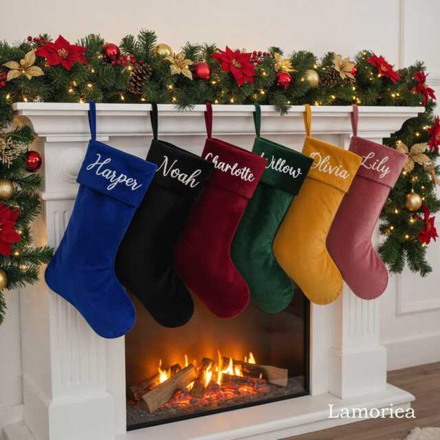 Personalized Velvet Family Stockings, Blue Red Stocking With Name, Christmas Home Decor, Burgundy Christmas, Xmas Gift - image 1