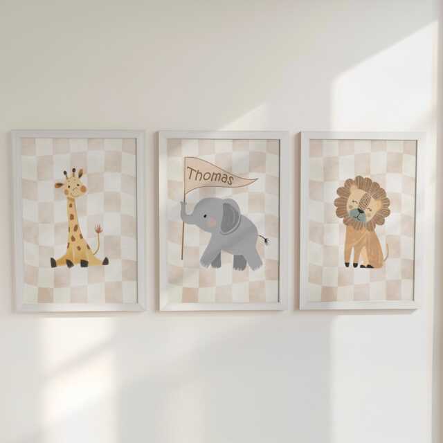 Safari Animal Nursery Wall Prints, Set Of 3 Beige Checkerboard, Personalised, Framed Boys Bedroom Decor, Gift For Kid Room, Playroom Posters - image 1