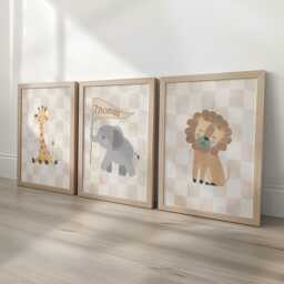 Safari Animal Nursery Wall Prints, Set Of 3 Beige Checkerboard, Personalised, Framed Boys Bedroom Decor, Gift For Kid Room, Playroom Posters - thumbnail 2