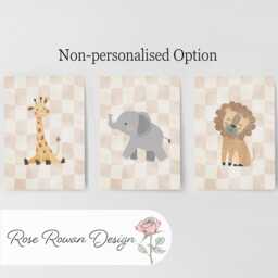 Safari Animal Nursery Wall Prints, Set Of 3 Beige Checkerboard, Personalised, Framed Boys Bedroom Decor, Gift For Kid Room, Playroom Posters - thumbnail 3