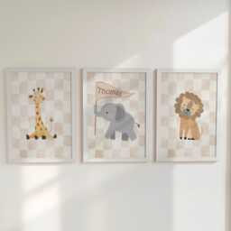 Safari Animal Nursery Wall Prints, Set Of 3 Beige Checkerboard, Personalised, Framed Boys Bedroom Decor, Gift For Kid Room, Playroom Posters - thumbnail 1