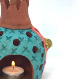Handmade Ceramic Tea Light Holder Whimsical Luminary - thumbnail 4