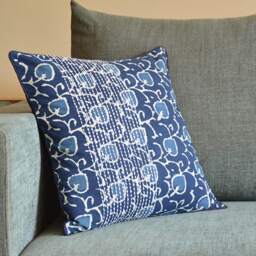 Floral Indigo Block Print Pillow Cover, Hand Embroidered Cotton - thumbnail 2