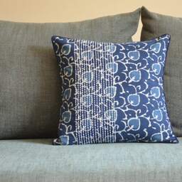 Floral Indigo Block Print Pillow Cover, Hand Embroidered Cotton - thumbnail 3