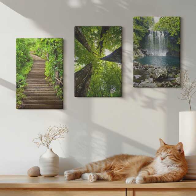 Canvas Art Set Of 3 - Forest Path With Waterfall & Green Vegetation, Wall Art, Landscapes Hanging Piece - image 1