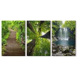 Canvas Art Set Of 3 - Forest Path With Waterfall & Green Vegetation, Wall Art, Landscapes Hanging Piece - thumbnail 3