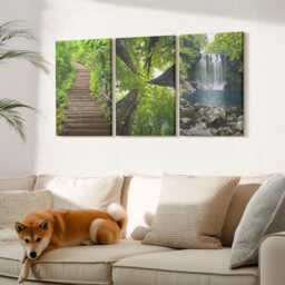 Canvas Art Set Of 3 - Forest Path With Waterfall & Green Vegetation, Wall Art, Landscapes Hanging Piece - thumbnail 2