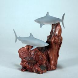John Perry Shark Sculpture, Airbrushed Duo On Burl Base, 7 - thumbnail 2