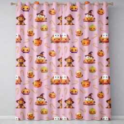 Cute Kawaii Halloween Pumpkin Witch Candy Seamless Pattern Pink Background Readymade Eyelet Ring Top Thermal 100% Blackout Curtains - thumbnail 2
