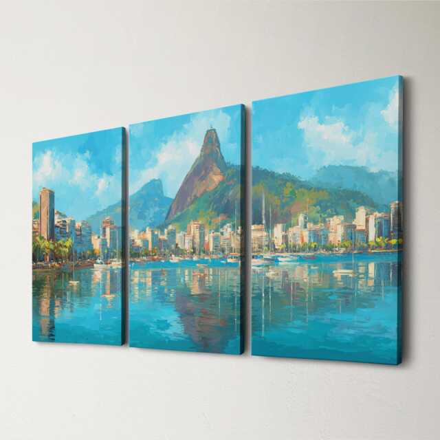 Rio De Janeiro Skyline 3 Panel Split Canvas Wall Art Christ The Redeemer Tropical Landscape Oil Painting Framed Home Decor Gift - image 1